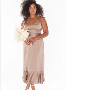 Show me your Mumu Clair Midi Bridesmaids dress, dune luxe satin, taupe, medium